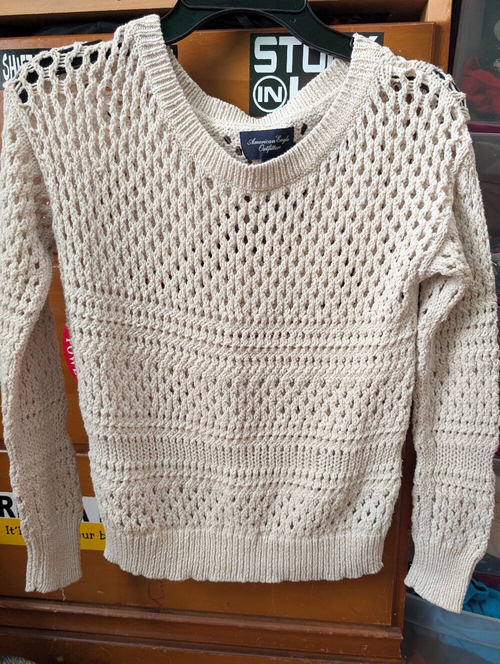 American Eagle Outfitters Beige Open-Knit Crew Neck Sweater